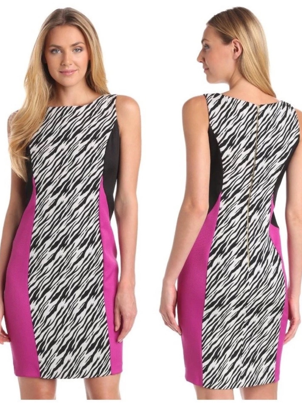 Julian Taylor Black, White & Hot Pink Zebra-Panel Sheath Dress